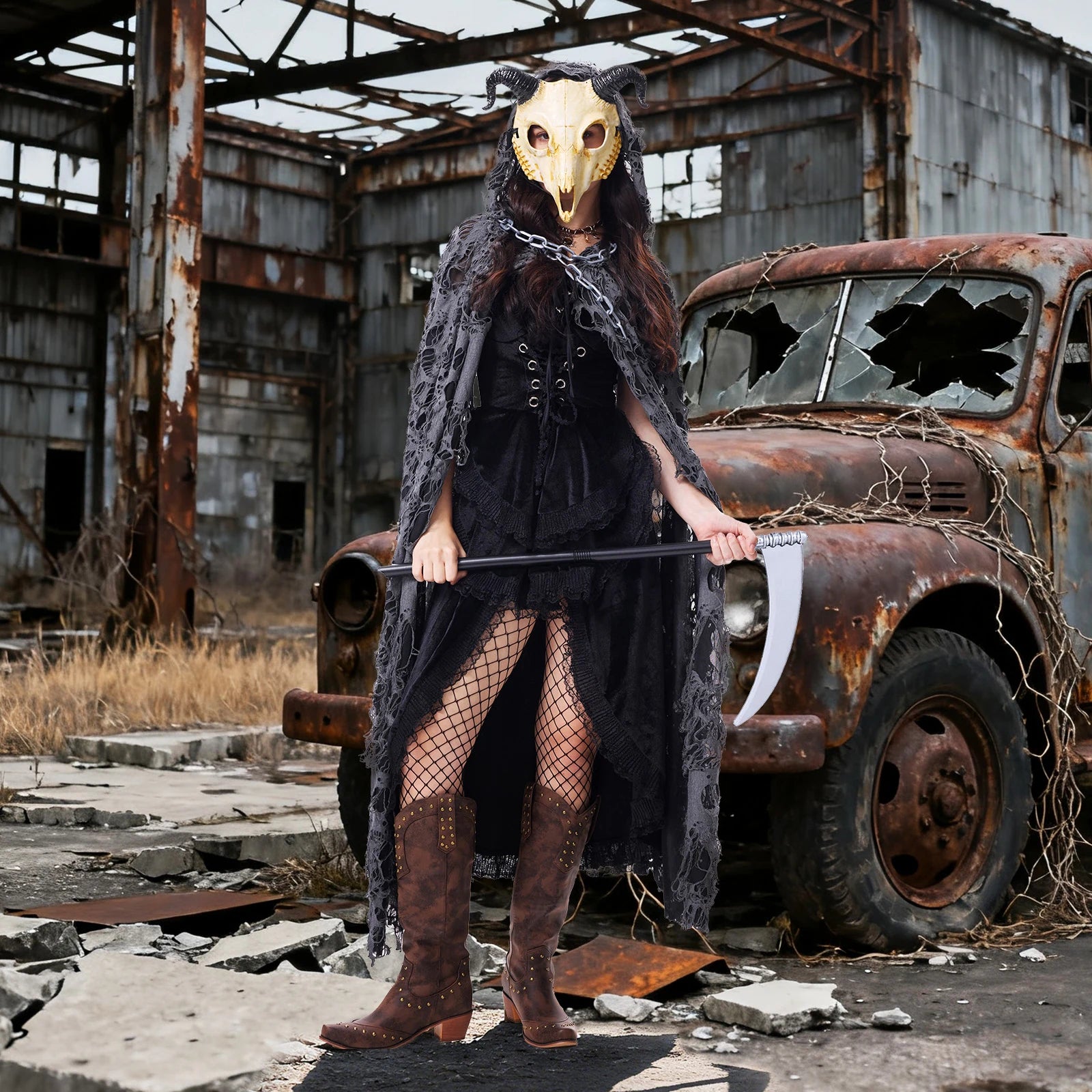 Goat mask costume for women styled with black dress and distressed cape at a Halloween event