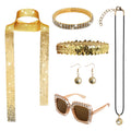 A clear product view presents a gold 70s disco accessories set for women with six coordinated pieces, with the coordinated sunglasses, headband, scarf and jewelry clearly visible.