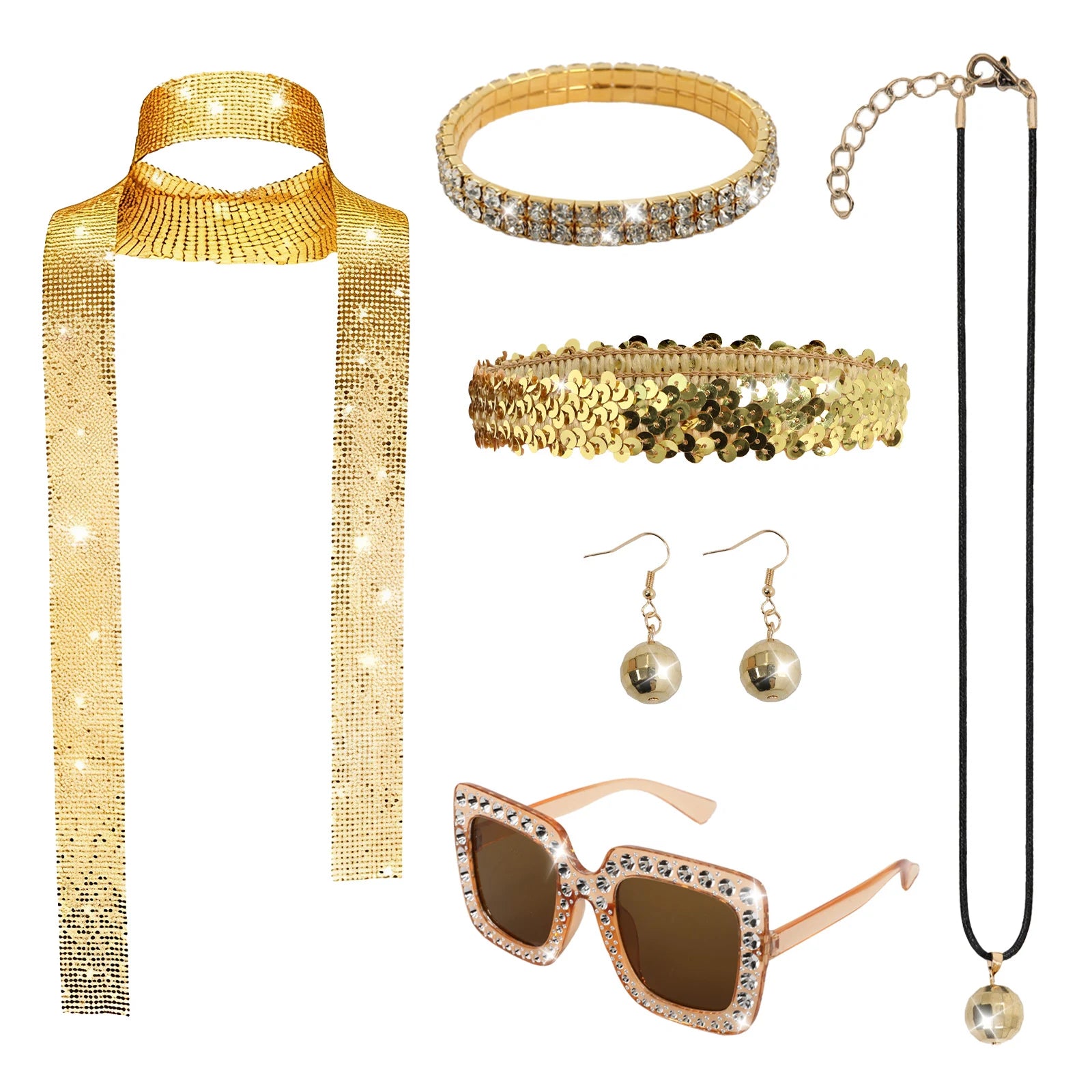 A clear product view presents a gold 70s disco accessories set for women with six coordinated pieces, with the coordinated sunglasses, headband, scarf and jewelry clearly visible.
