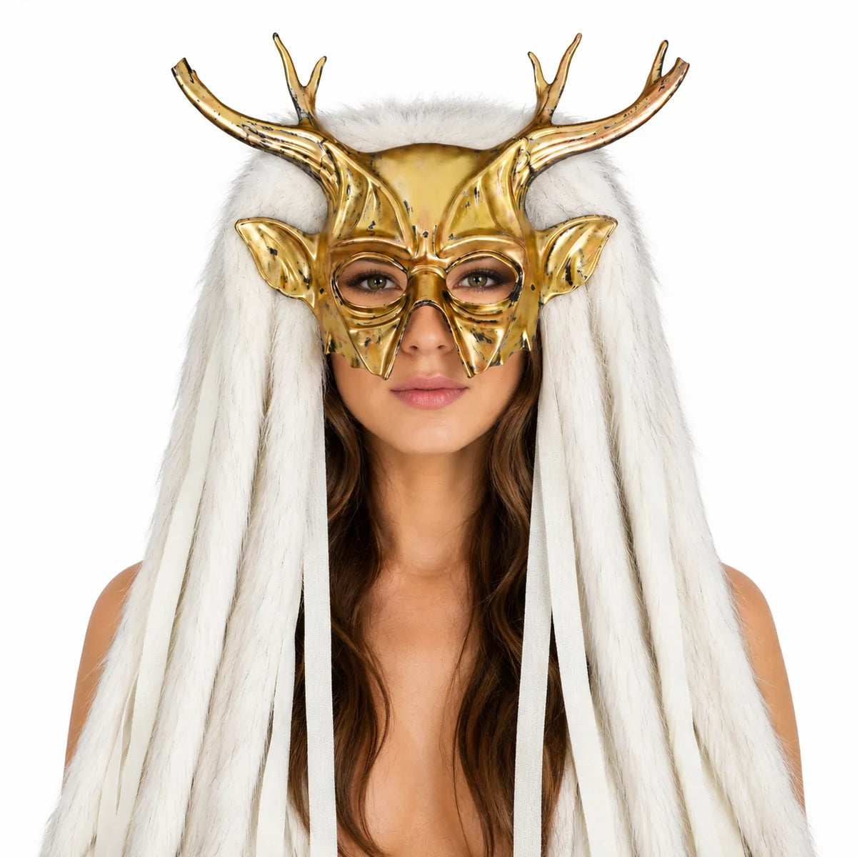 Front view of the gold antler white fur mask, showing its overall shape and visible design.