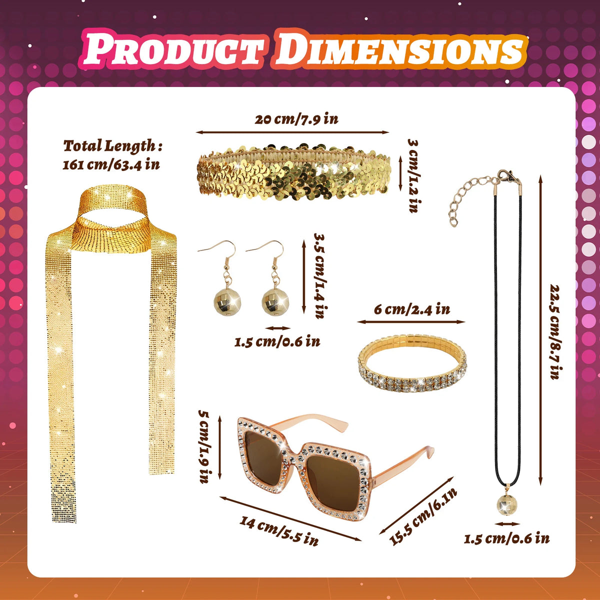 A measurement chart presents gold disco accessories dimensions for scarf headband jewelry and glasses, including the visible size information for the six-piece 70s disco accessories set.