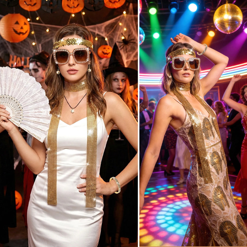 A clear product view presents a gold disco ball necklace earrings and sunglasses costume look, with the coordinated sunglasses, headband, scarf and jewelry clearly visible.