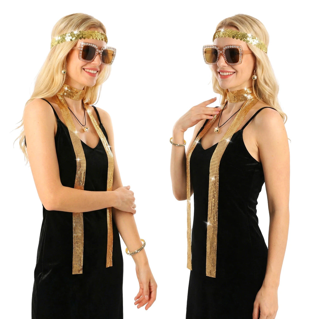 Gold disco costume accessory set shown from multiple angles to highlight the coordinated sunglasses, headband, scarf and jewelry.
