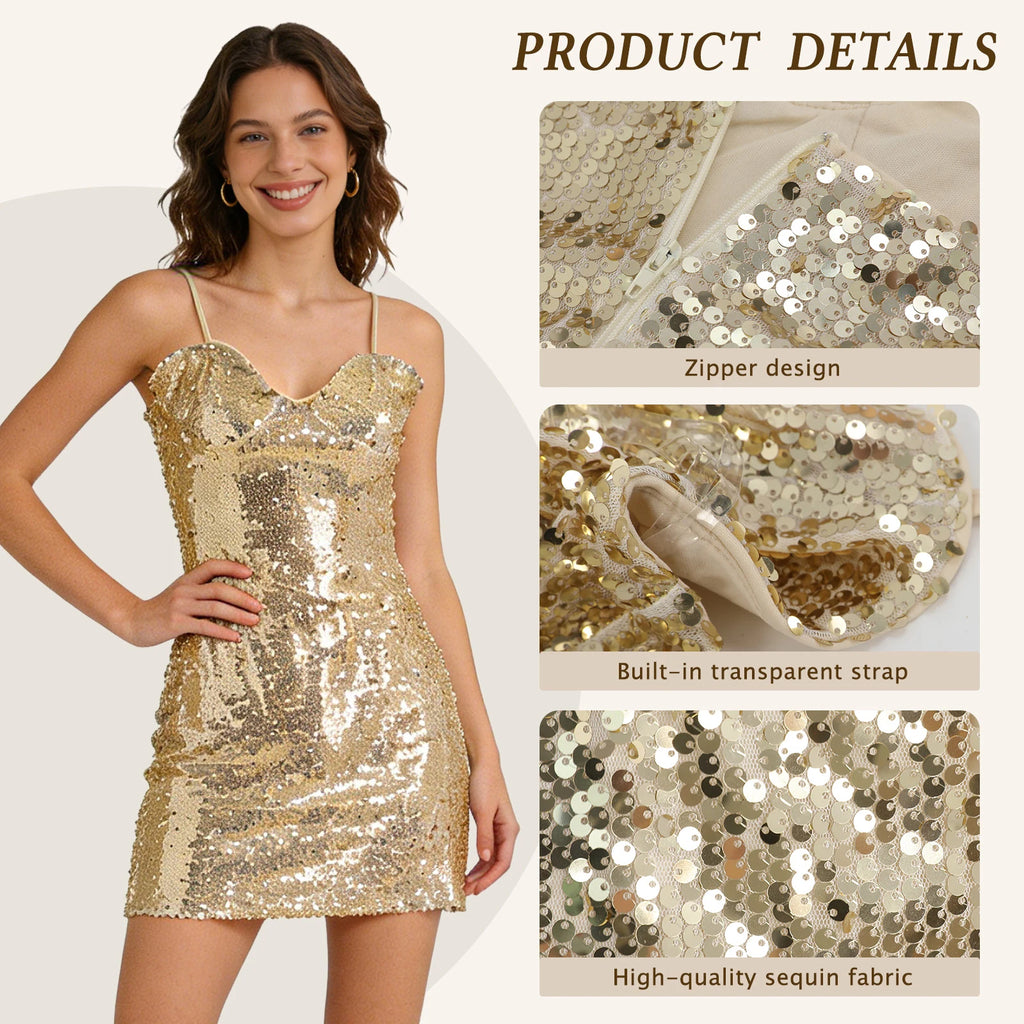 Gold sequin cami dress shown with visible strap and fit details.