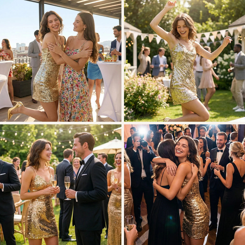 A woman wears the gold sequin cami mini dress in a festive social setting with other guests in the background.