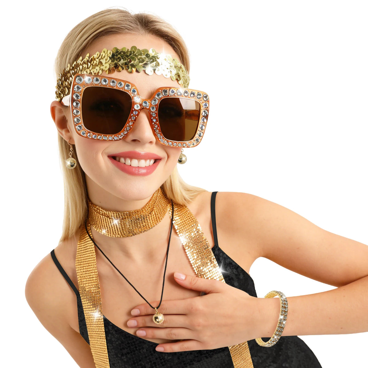 A clear product view presents a gold sequin headband and crystal scarf for a 70s party outfit, with the coordinated sunglasses, headband, scarf and jewelry clearly visible.