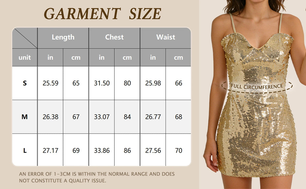 Garment size chart showing the available measurements for the gold sequin cami mini dress.