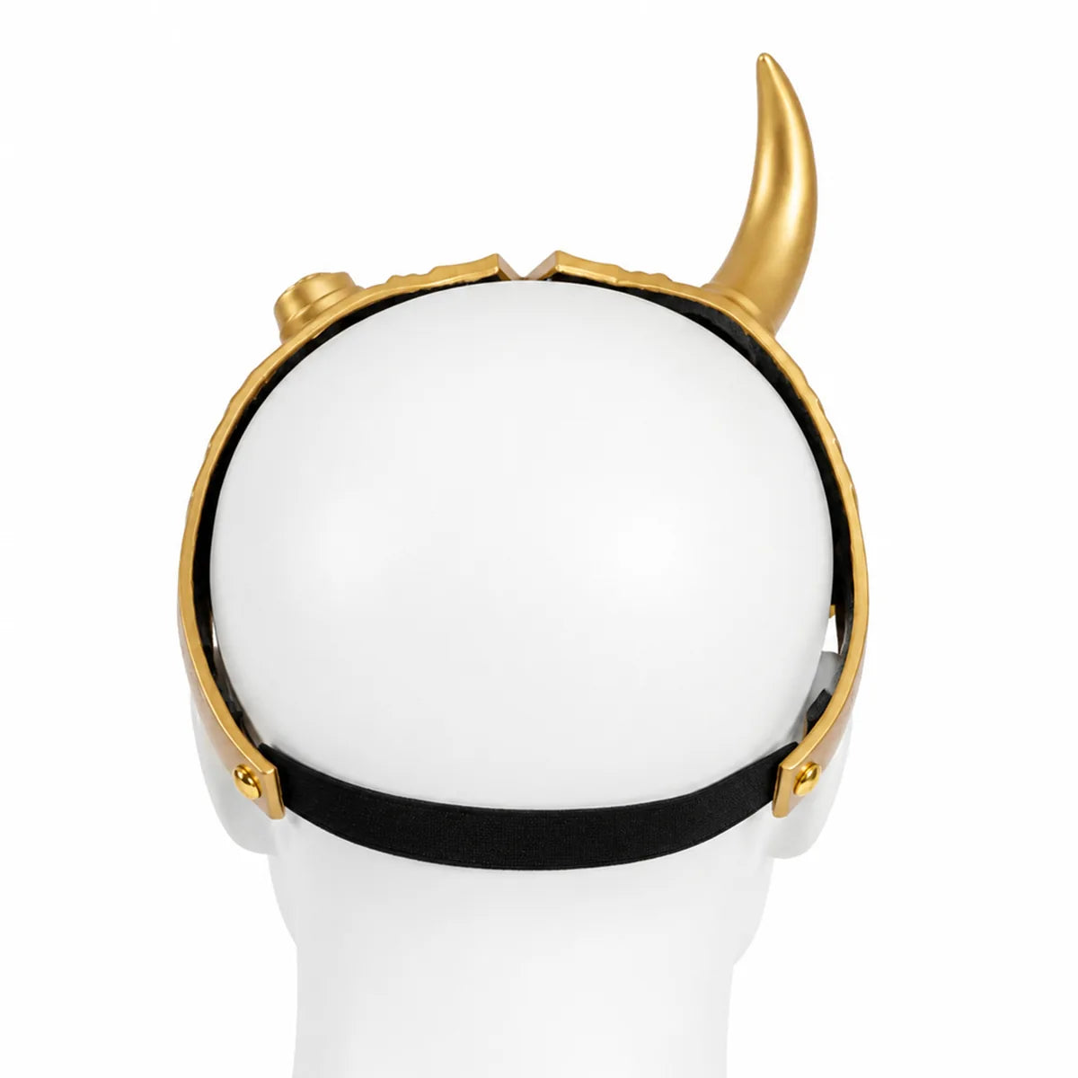 Back view shows the black elastic strap securing the headpiece.