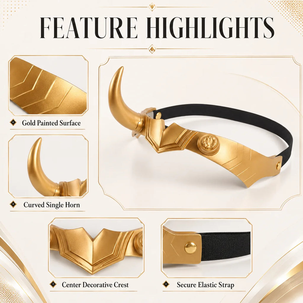 Detail graphic highlights the gold finish, curved horn, center crest, and elastic strap.