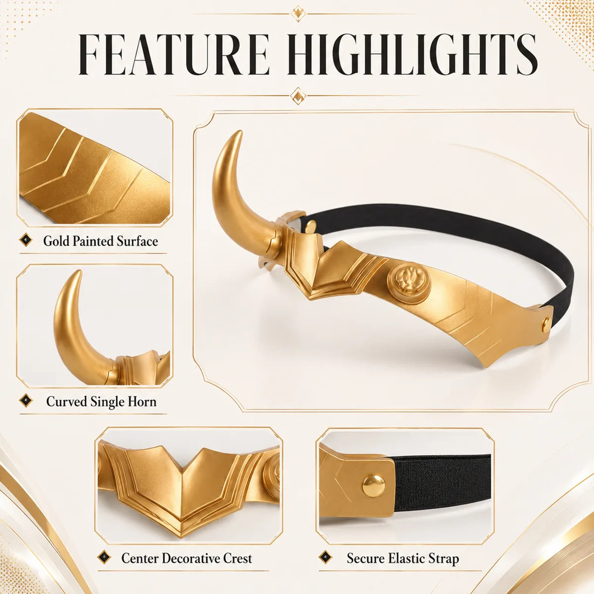 Detail graphic highlights the gold finish, curved horn, center crest, and elastic strap.