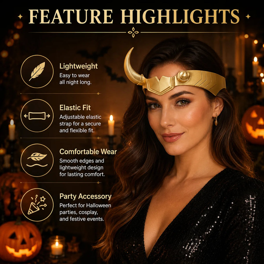 Feature summary highlights the lightweight gold single-horn headpiece and adjustable elastic fit.
