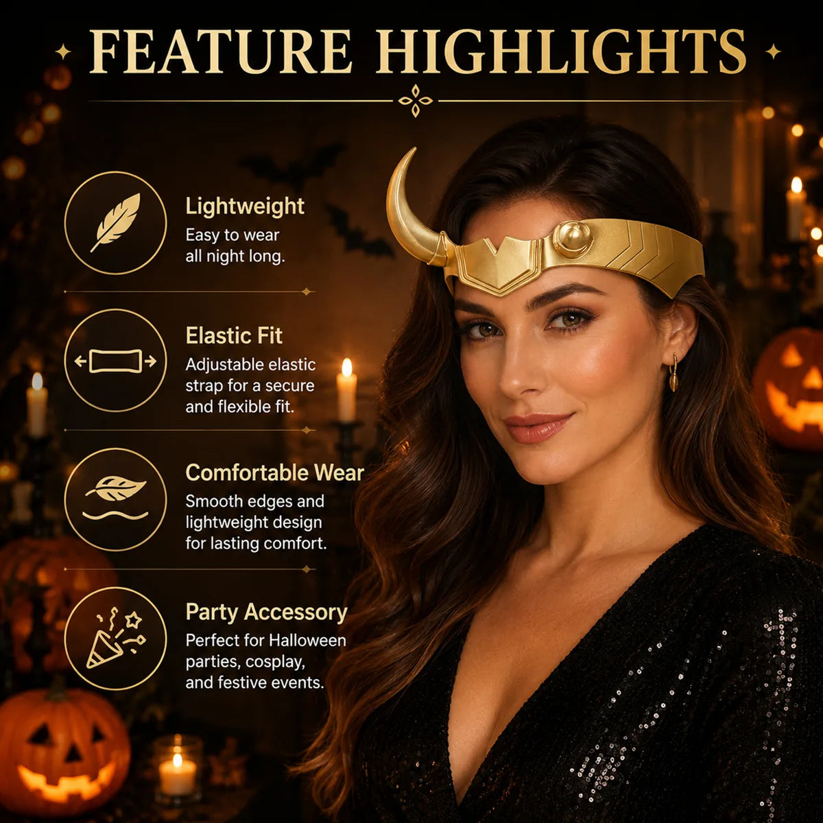 Feature summary highlights the lightweight gold single-horn headpiece and adjustable elastic fit.