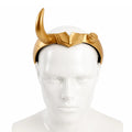 Gold single-horn costume headpiece shown from the front on a display head.