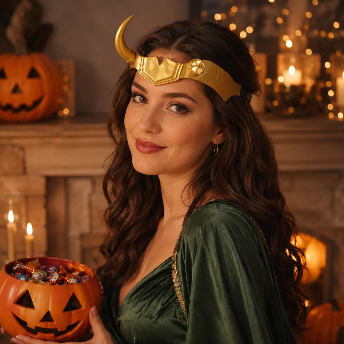 Woman wears the gold single-horn headpiece in a Halloween party setting.