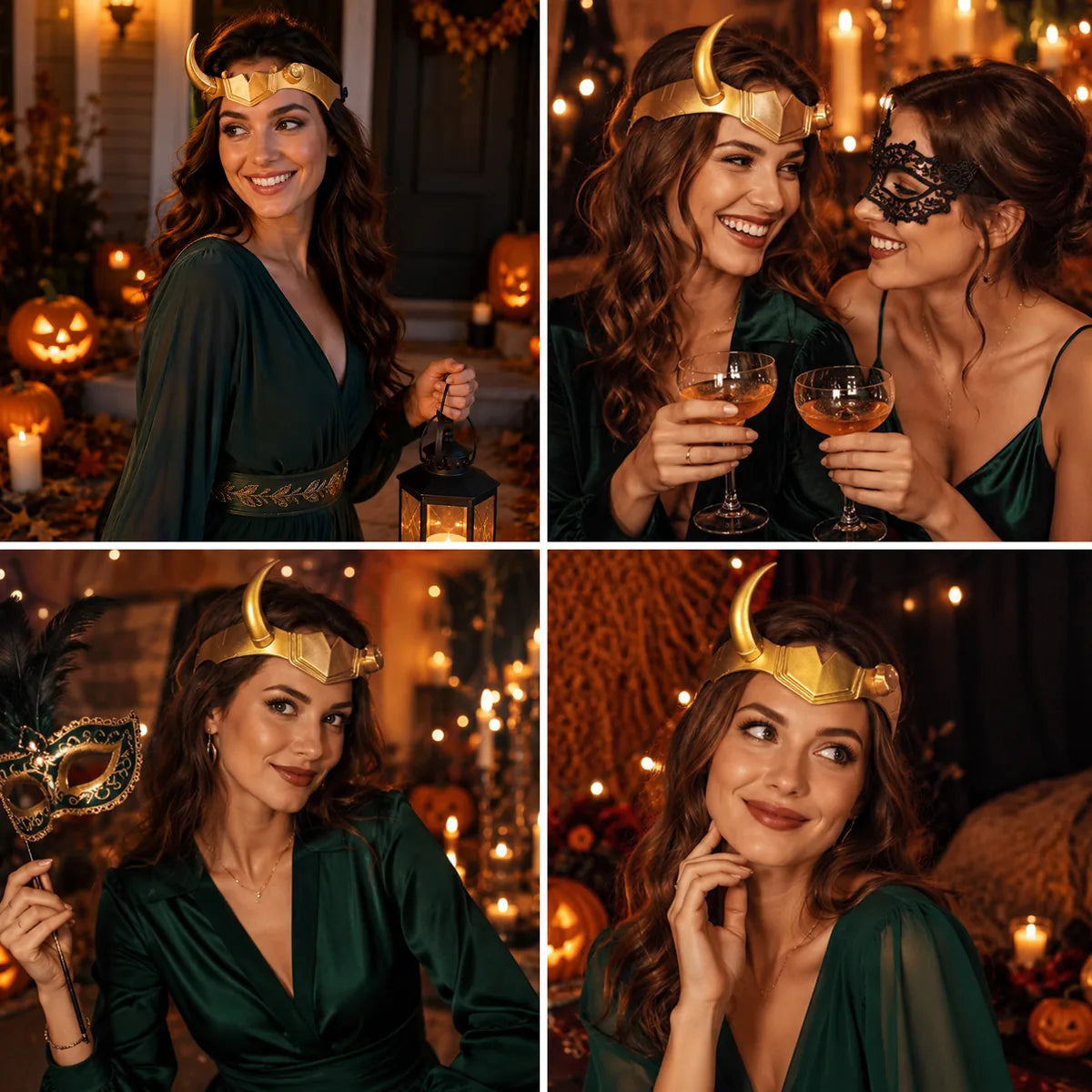 Gold single-horn headpiece shown in several costume party and masquerade scenes.
