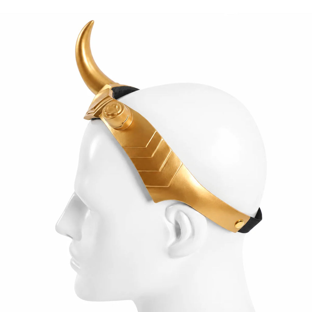 Side view shows the gold headpiece profile and elastic back strap.