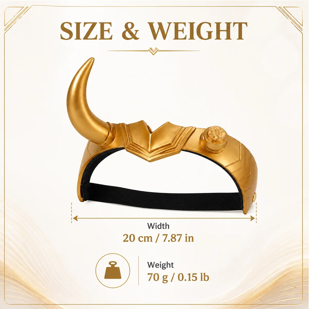 Size graphic shows the gold single-horn headpiece width and weight.