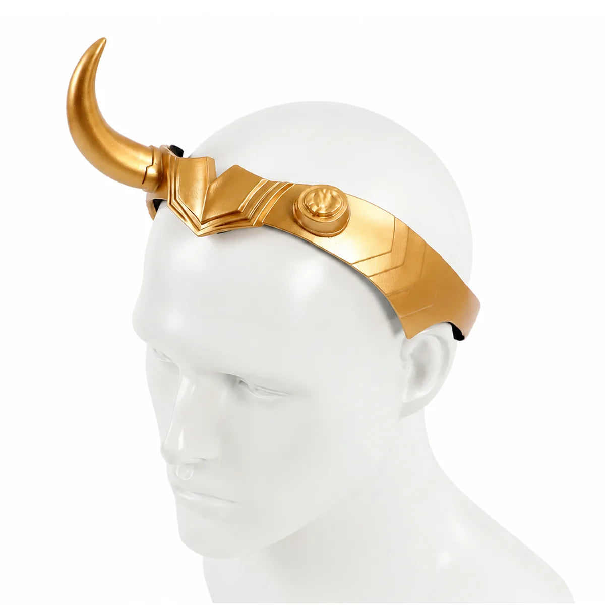 Three-quarter view shows the curved horn, decorative crest, and side panel.