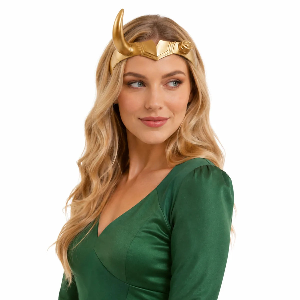 Woman wears the gold single-horn headpiece with a green costume.