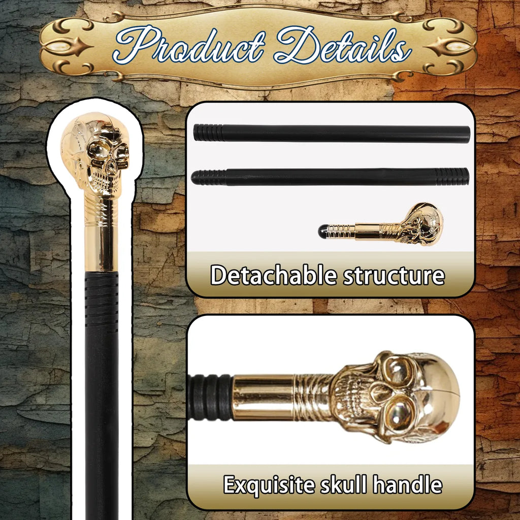 Close-up details of the gold skull costume scepter, showing visible texture, color, and construction.