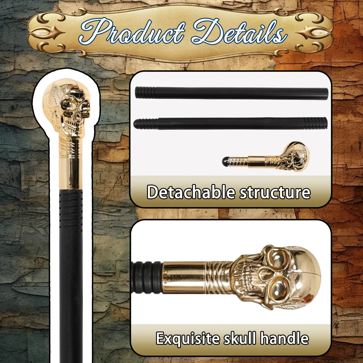 Close-up details of the gold skull costume scepter, showing visible texture, color, and construction.