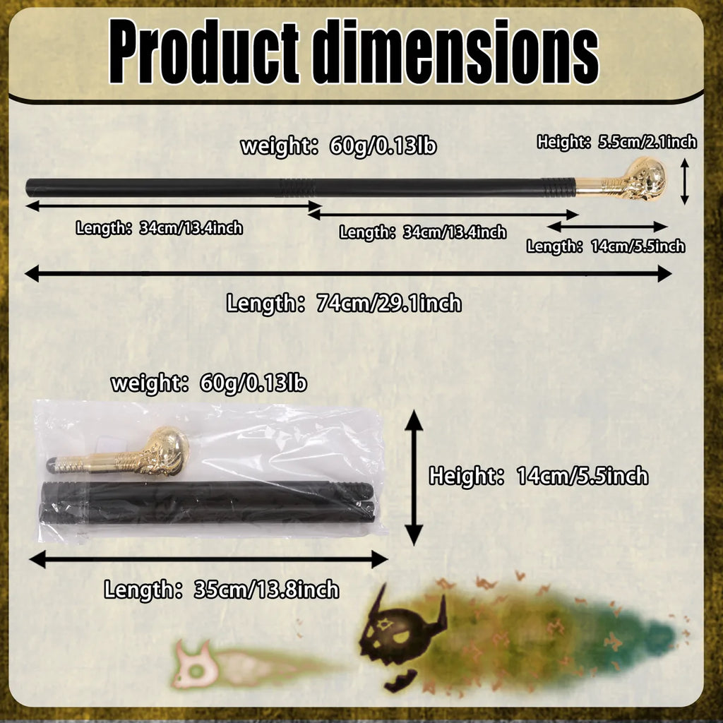 Dimension chart for the gold skull costume scepter, showing the listed product measurements and scale.