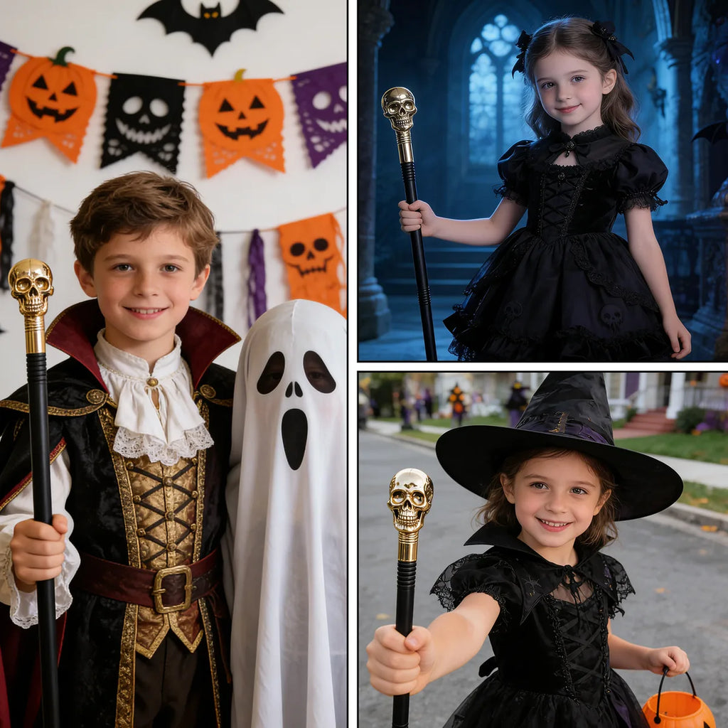 The gold skull costume scepter shown across several styled Halloween and event display scenes.