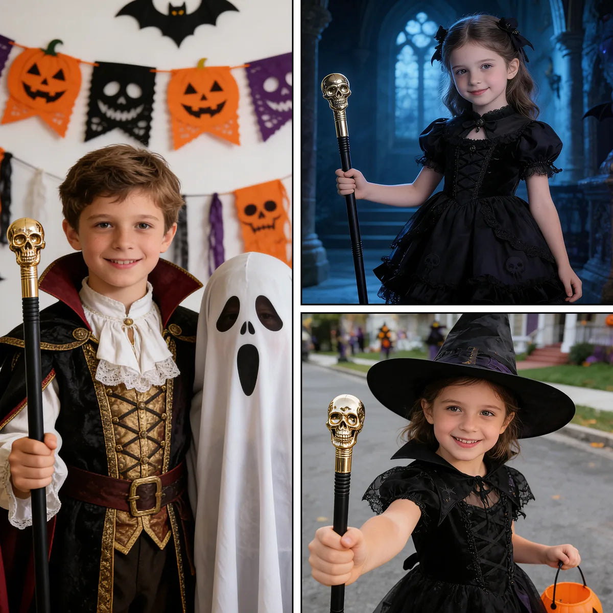 The gold skull costume scepter shown across several styled Halloween and event display scenes.