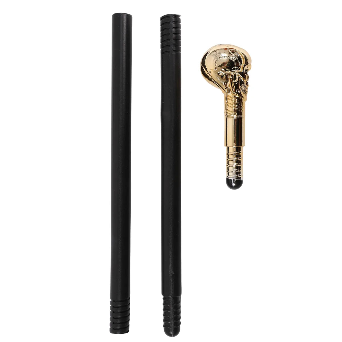 Front view of the gold skull costume scepter, showing its overall shape and visible design.