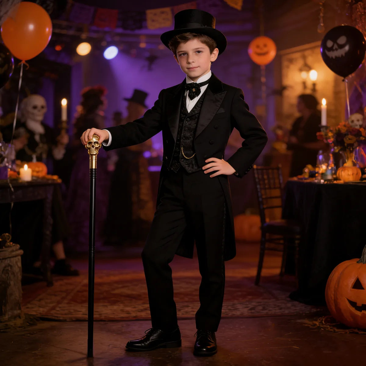 Adult holding a gold skull costume scepter as a character finishing piece
