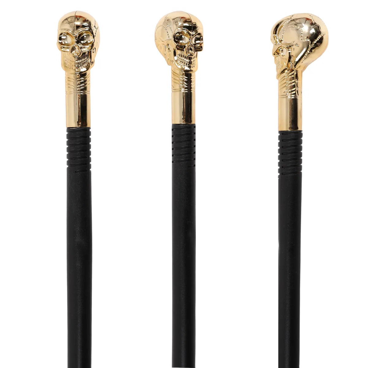 Side view of the gold skull costume scepter, showing its profile and visible construction details.