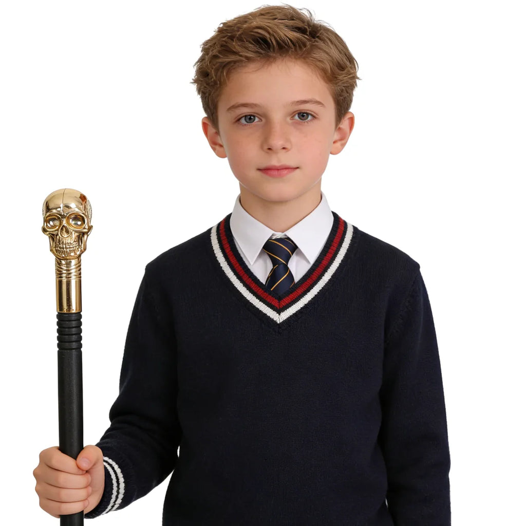 Styled view of the gold skull costume scepter, showing how the item appears in use.