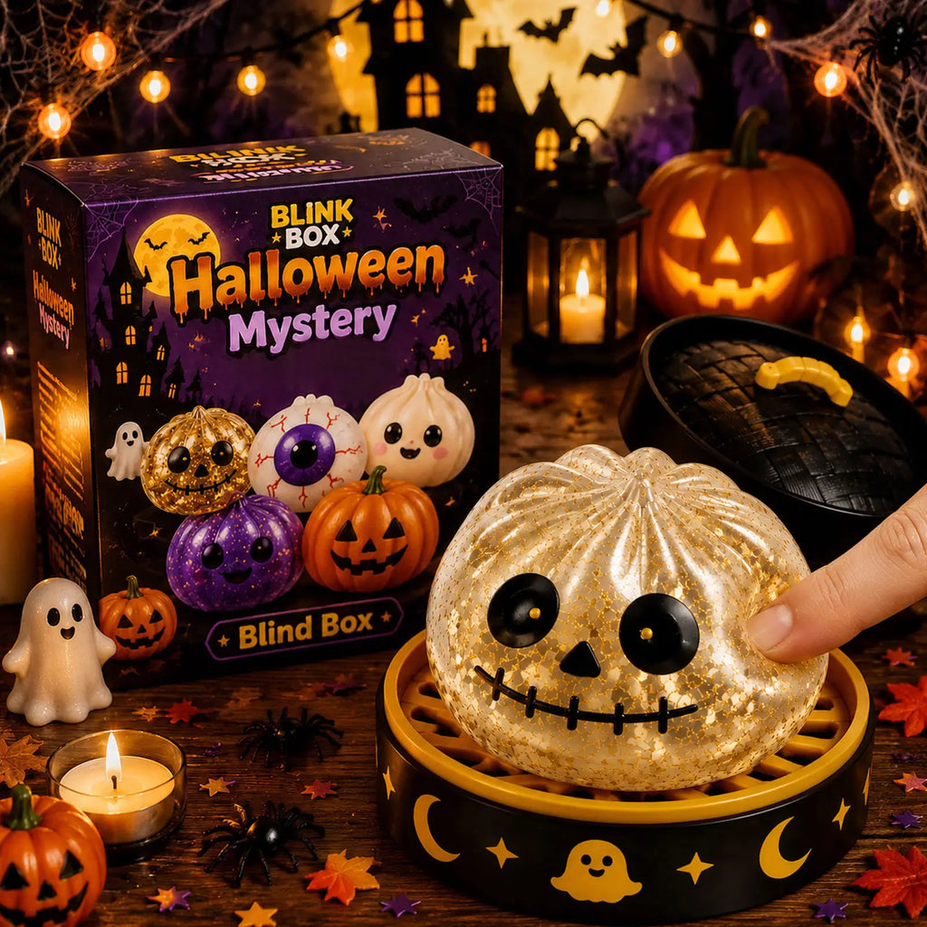 Gold skull Halloween squishy toy with glitter texture in a moon and ghost themed display box