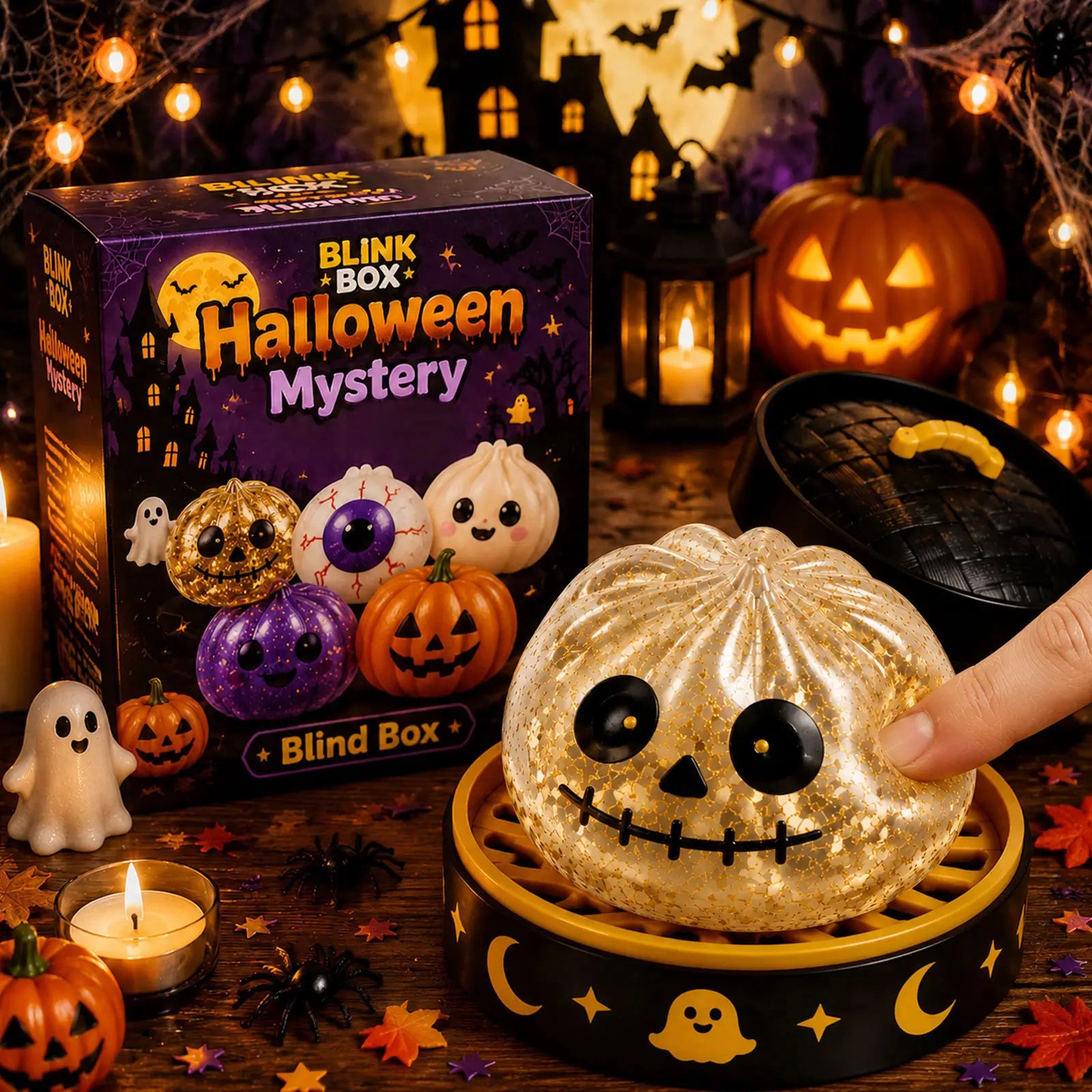 Gold skull Halloween squishy toy with glitter texture in a moon and ghost themed display box