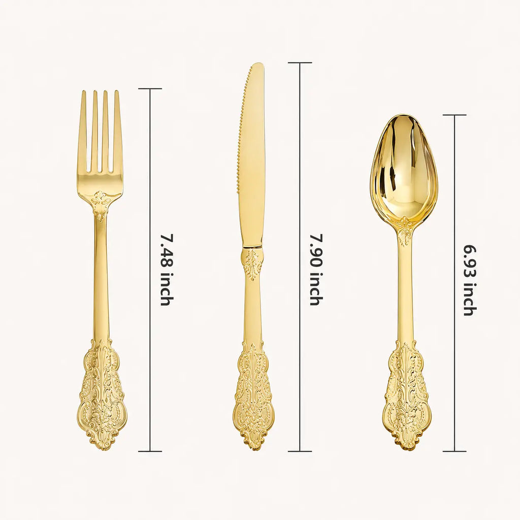 Gold vintage-style cutlery set showing fork 7.48 inch, knife 7.90 inch, and spoon 6.93 inch dimensions