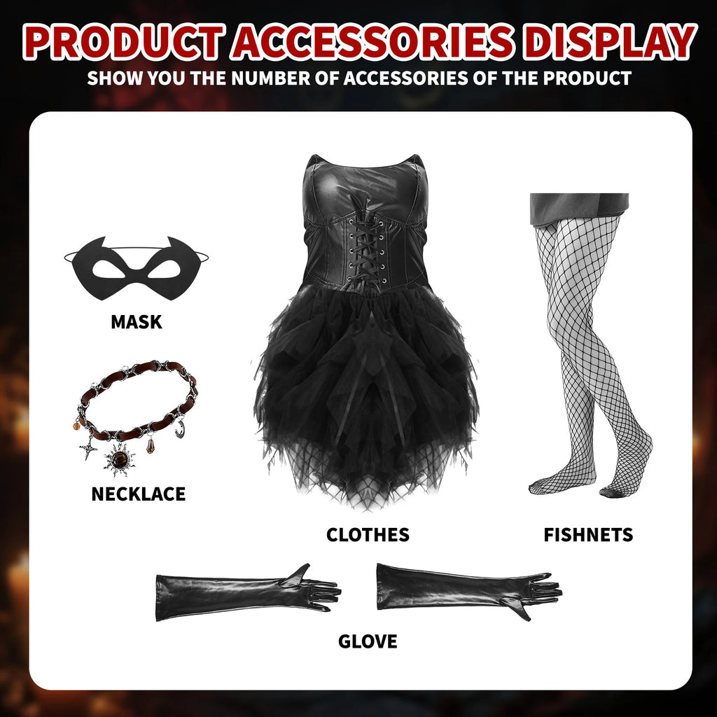 Gothic cat costume set with black tulle dress, pointed mask, long gloves, fishnets and charm necklace