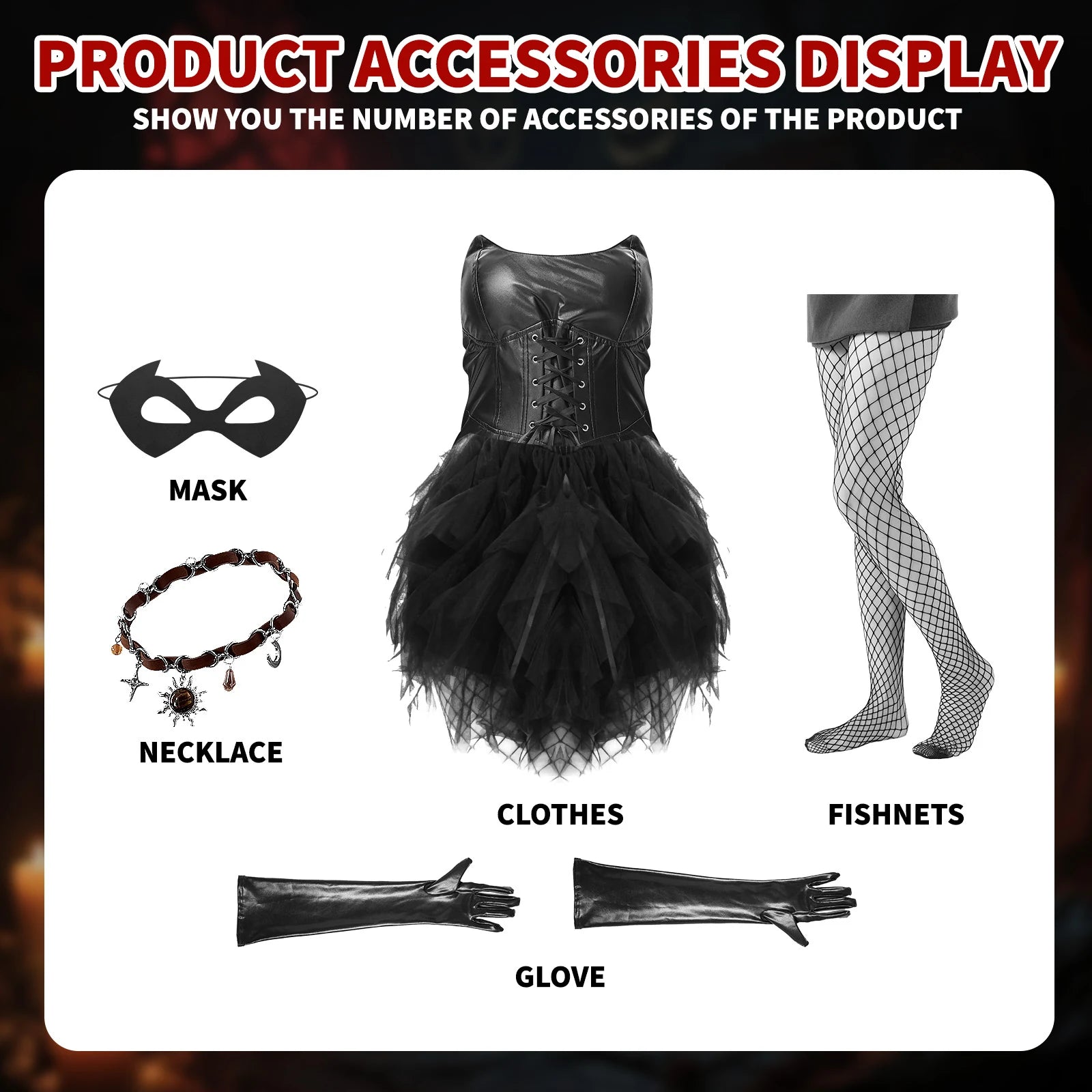 Gothic cat costume set with black tulle dress, pointed mask, long gloves, fishnets and charm necklace