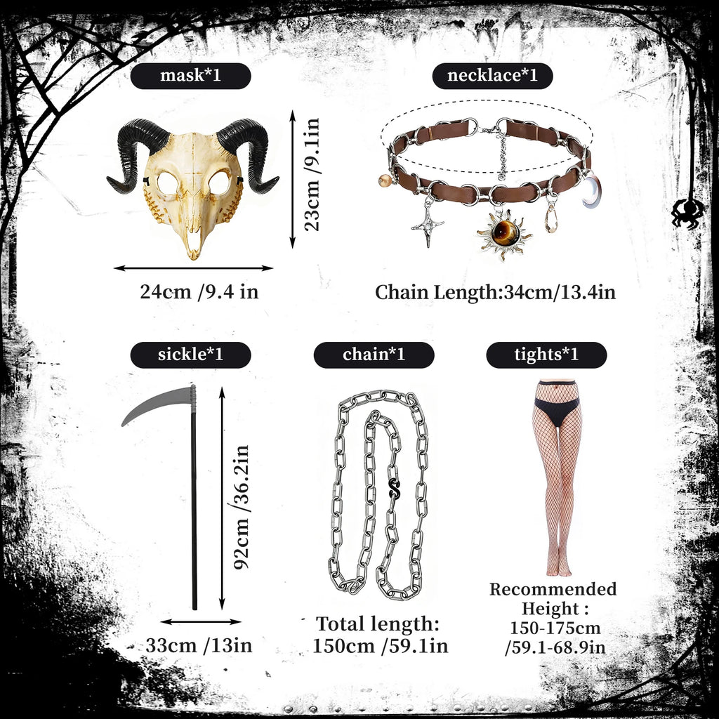Gothic costume accessory measurements for horned mask, necklace, chain, scythe and tights