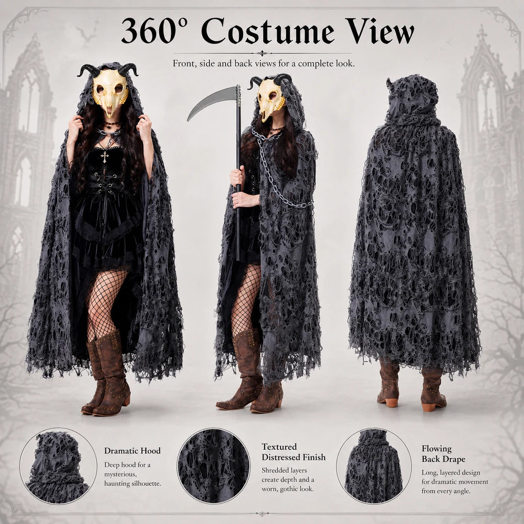 Gothic costume for women shown from front, side and back with long distressed hooded cape