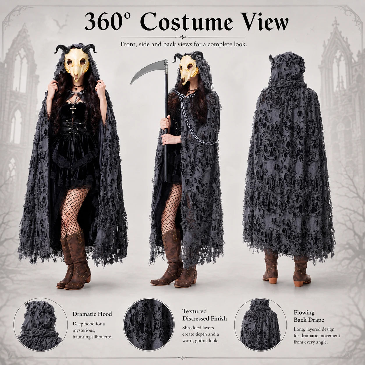 Gothic costume for women shown from front, side and back with long distressed hooded cape