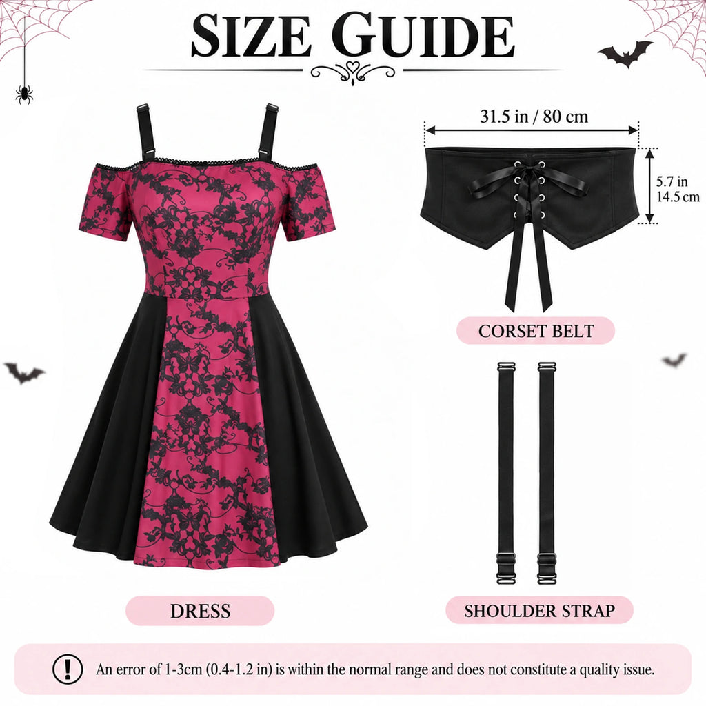 Included red and black dress, separate black corset belt and two shoulder straps, with belt dimensions.
