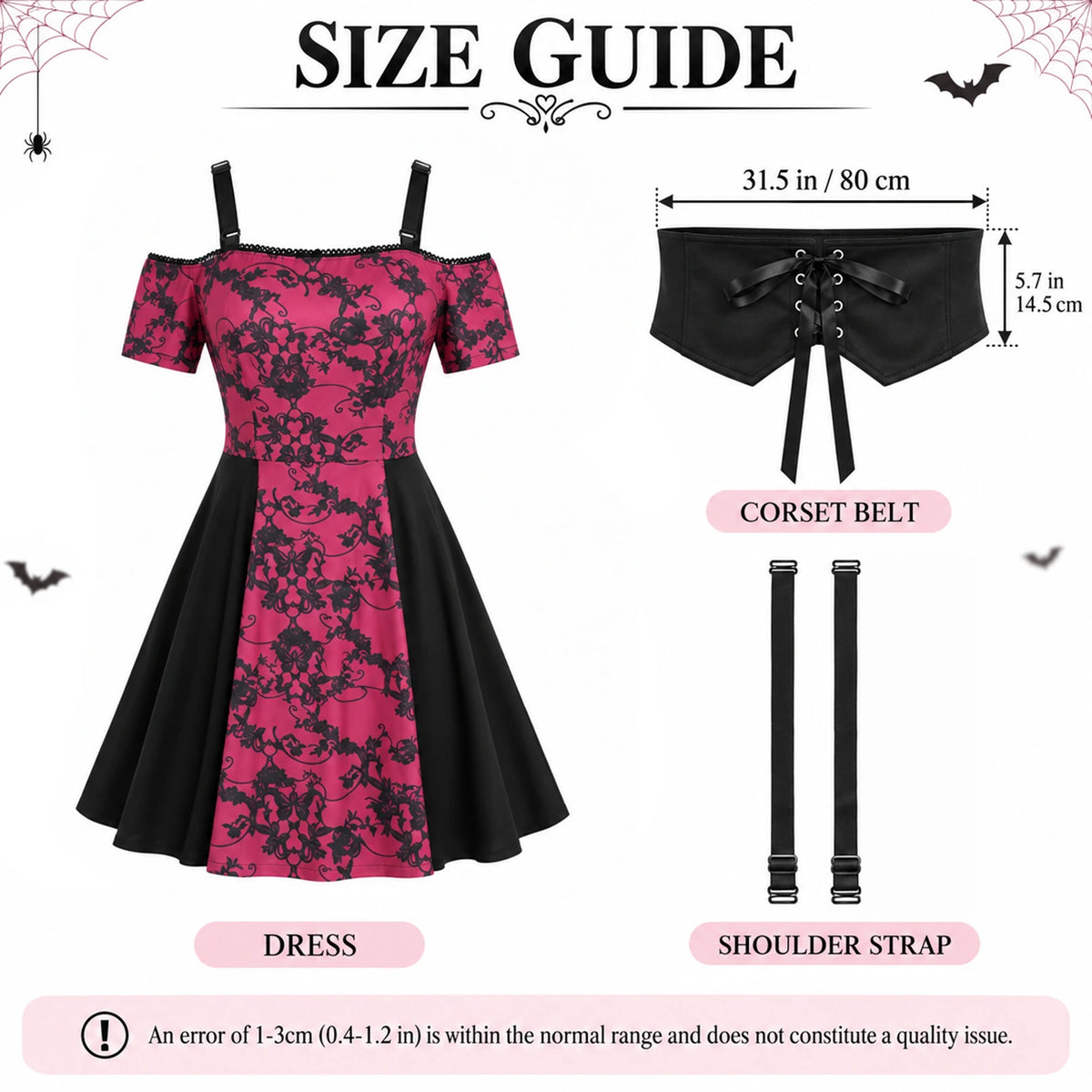 Included red and black dress, separate black corset belt and two shoulder straps, with belt dimensions.
