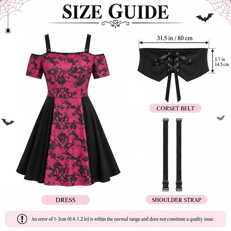 Included red and black dress, separate black corset belt and two shoulder straps, with belt dimensions.