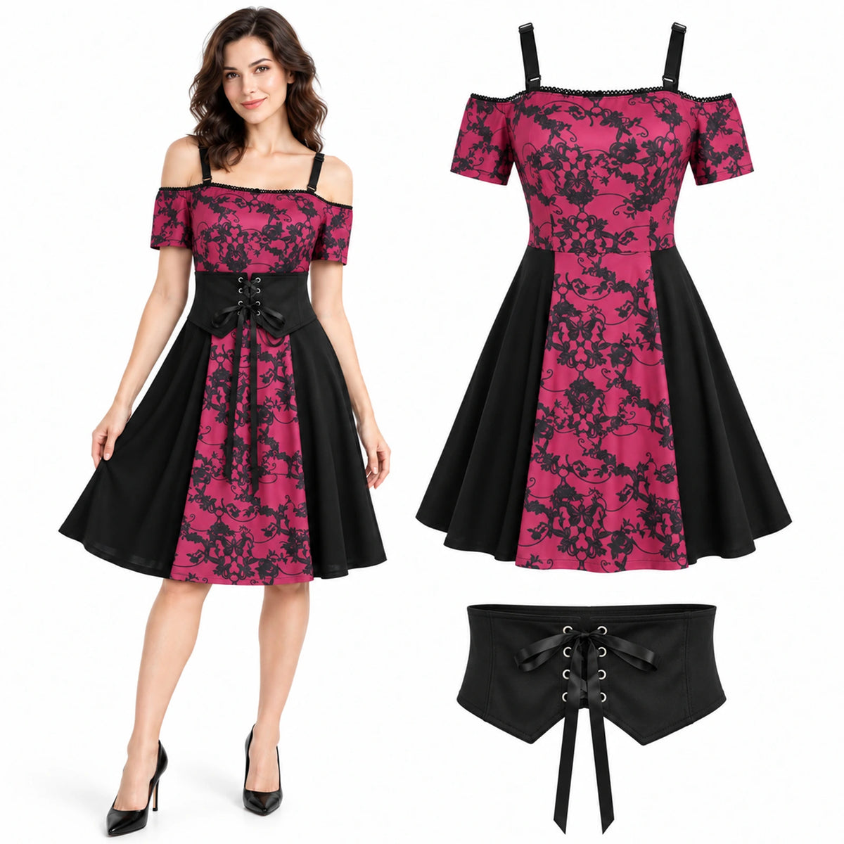 Front view of a woman wearing a red and black gothic floral dress with a black lace-up corset belt.