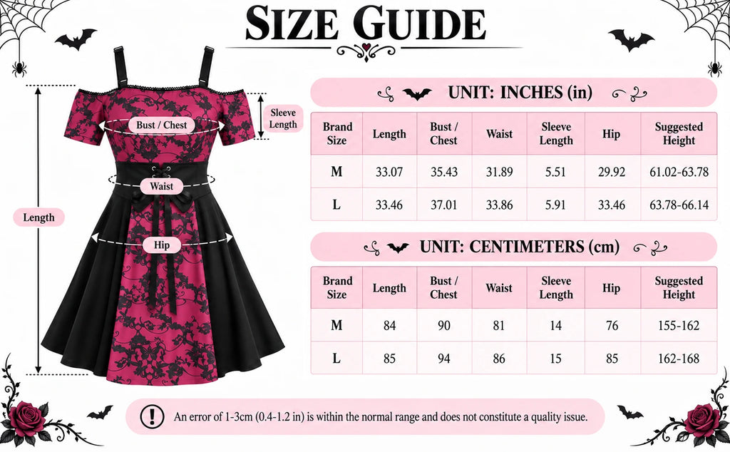 Size chart for the red and black floral dress in M and L, including length, bust, waist, sleeve, hip and suggested height.