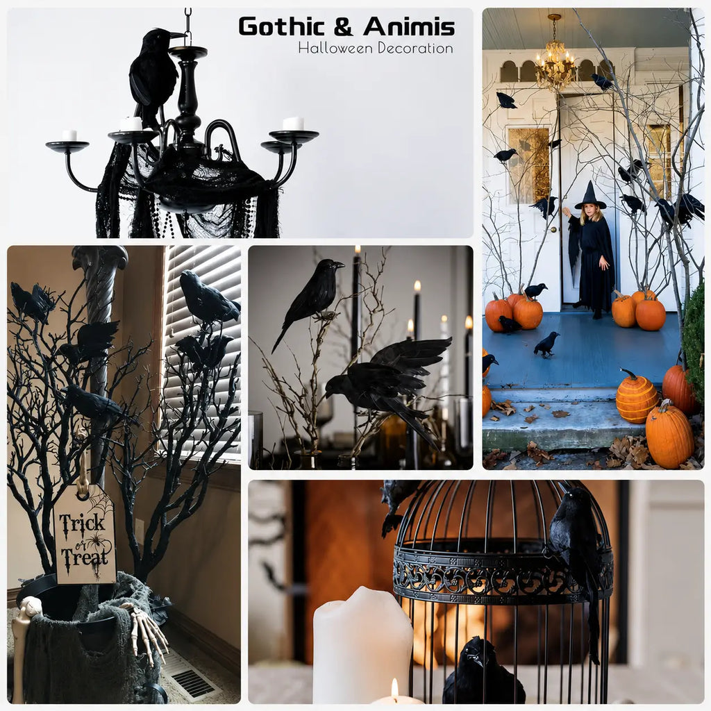 Gothic Halloween setup featuring black crows on candelabra, decorative trees, cage, and Trick or Treat sign