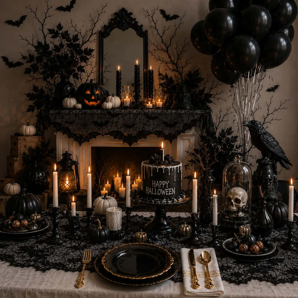 Gothic Halloween party table and fireplace decor with black balloons, pumpkins, candles, skull, raven and black-and-gold tableware