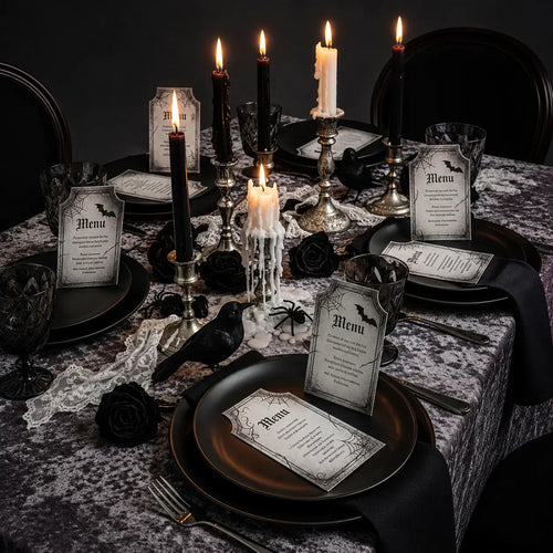 Gothic Halloween table setup with black crows, candles, spider web tablecloth, black roses, and menu cards