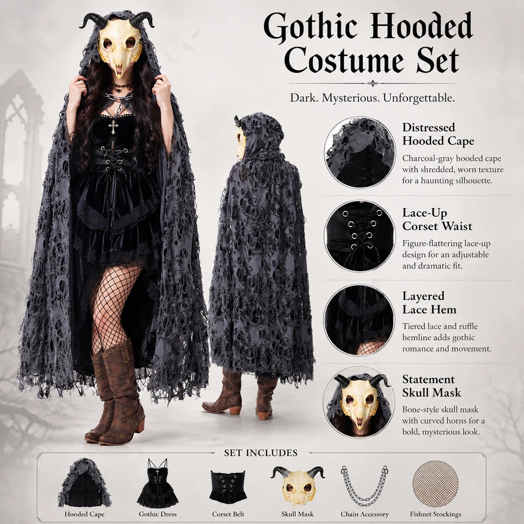 Gothic hooded cape costume with distressed texture, lace-up dress and horned mask details