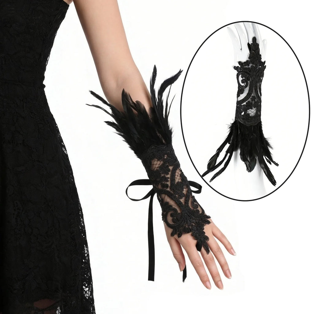 Back view of the gothic lace feather wrist cuffs, showing the rear shape and visible construction.